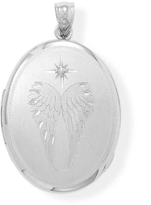 Image of Sterling Silver Oval Angel Wings Memory Keeper Locket Pendant with Diamond