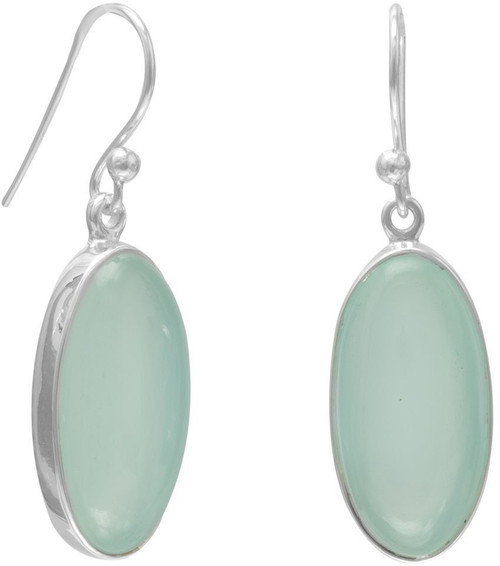Sterling Silver Oval Green Chalcedony French Wire Earrings