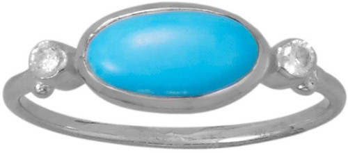 Sterling Silver Oval Simulated Turquoise and CZ Ring
