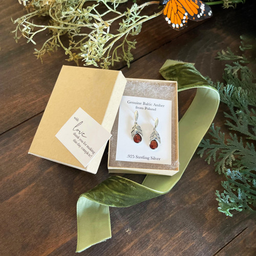 Sterling Silver Oxidized Amber Feather Earrings — additional view