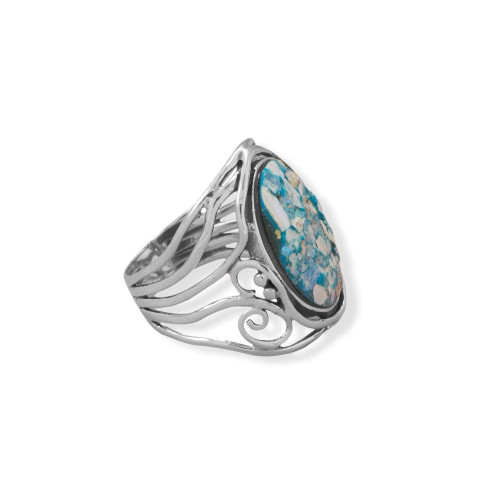 Image of Sterling Silver Oxidized Ancient Roman Glass Cutout Swirl Design Ring