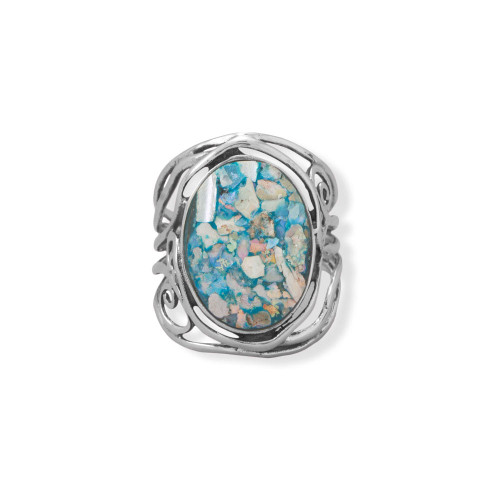 Image of Sterling Silver Oxidized Ancient Roman Glass Cutout Swirl Design Ring