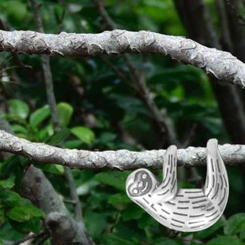 Image of Sterling Silver Oxidized Cute Hanging Sloth Slide Pendant