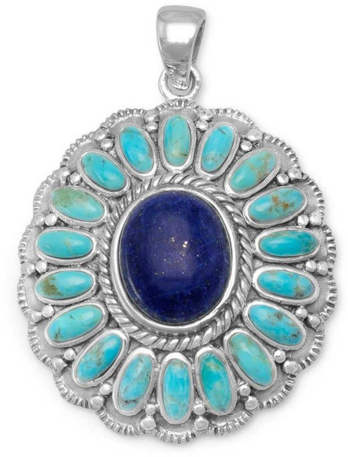 Image of Sterling Silver Oxidized Simulated Turquoise and Lapis Flower Pendant