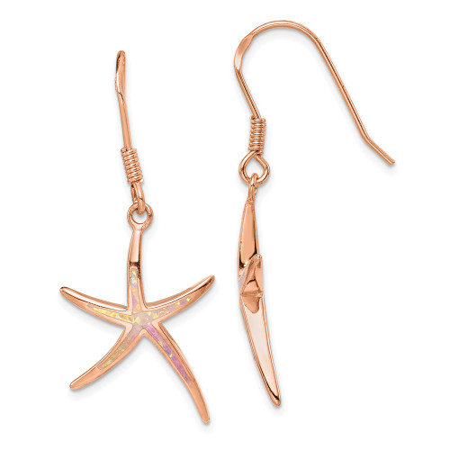 Sterling Silver Pink Lab-Created Opal Inlay Star Fish Dangle Earrings