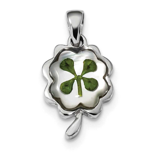 Image of Sterling Silver Platinum Plated Leaf Clover Epoxy & Shell Pendant