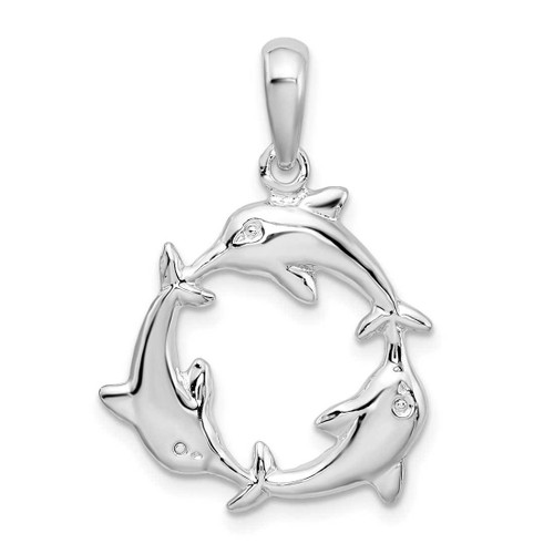 Image of Sterling Silver Polished 3 Dolphin Circle Pendant