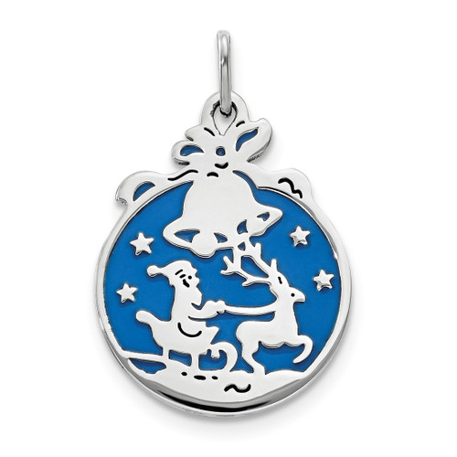 Sterling Silver Polished Blue Enamel Santa w/ Reindeer Circle Pendant