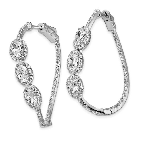 Image of 37.08mm Sterling Silver Polished Curvy Oval Halo CZ In and Out Oval Hoop Earrings