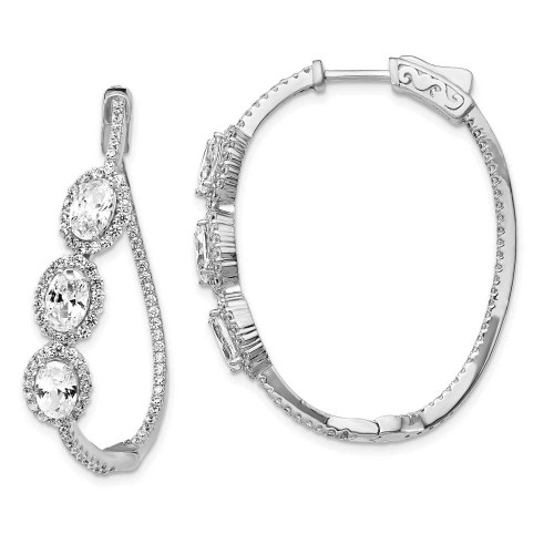 Image of 37.08mm Sterling Silver Polished Curvy Oval Halo CZ In and Out Oval Hoop Earrings