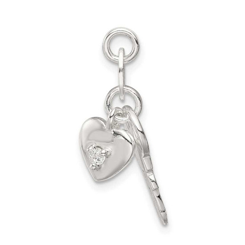 Image of Sterling Silver Polished CZ Heart and Key Charm