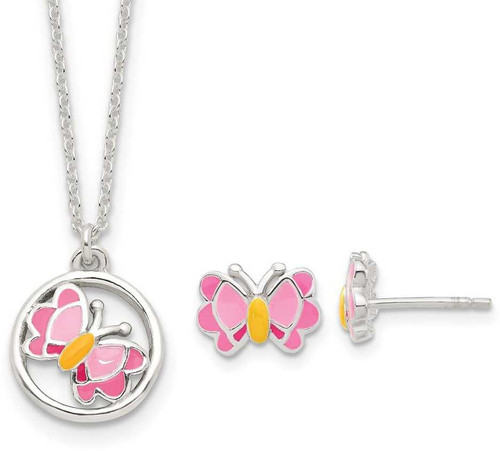 Image of Sterling Silver Polished Enameled Butterfly Earrings & Necklace Set