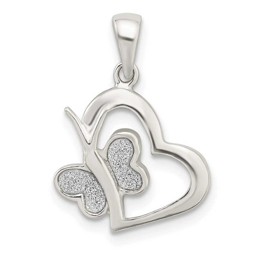 Image of Sterling Silver Polished Glitter Enamel Heart w/ Butterfly Pendant