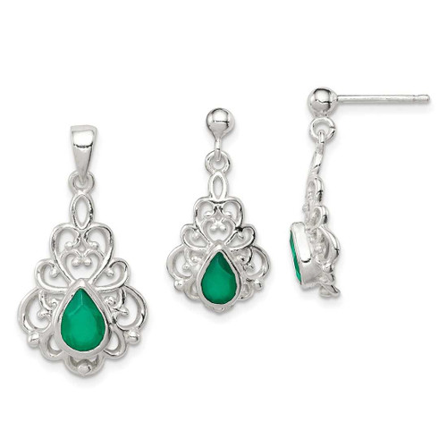 Image of Sterling Silver Polished Green Agate Pendant and Post Earrings Set