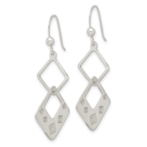 Sterling Silver Polished Kite-Shaped w/ Flowers Dangle Earrings