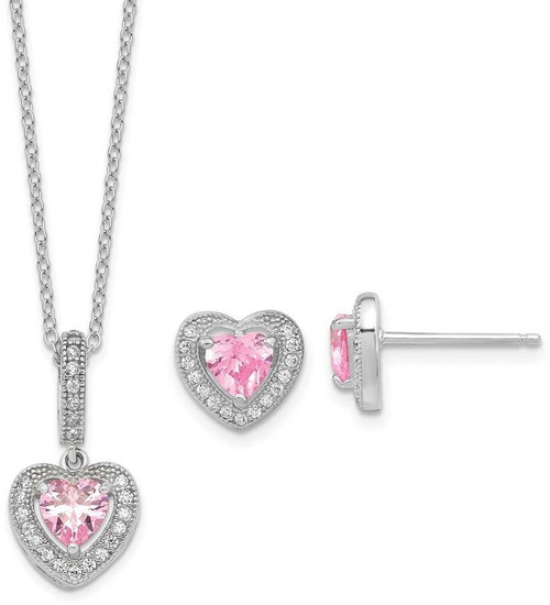 Image of Sterling Silver Polished Rhodium CZ Heart 18in Necklace and Earrings Set