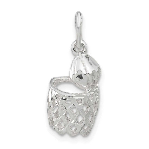 Image of Sterling Silver Polished Shiny-cut Basketball and Hoop Charm