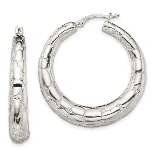 Image of 38.1mm Sterling Silver Polished Textured Hoop Earrings