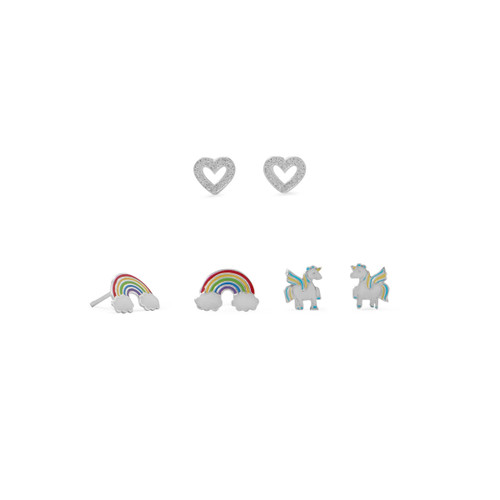 Image of Sterling Silver Rainbow, Heart and Unicorn Earrings Set