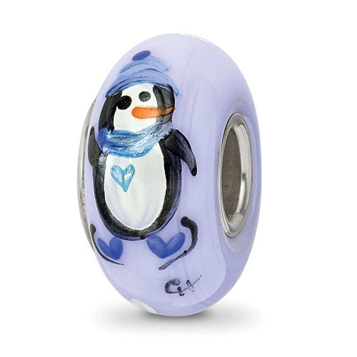 Image of Sterling Silver Reflections Blue Hand Painted Penguins Glass Bead