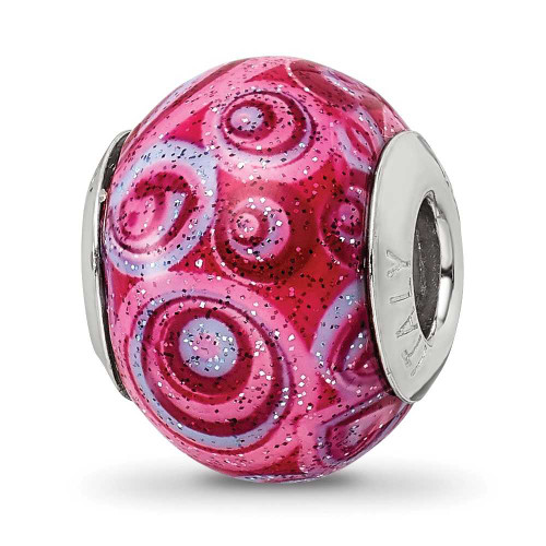 Image of Sterling Silver Reflections Pink & Purple Swirls Overlay Glass Bead