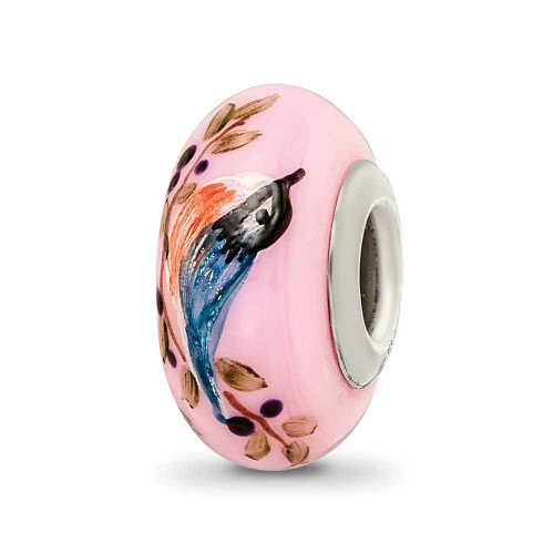 Image of Sterling Silver Reflections Pink Hand Painted Nuthatch Glass Bead