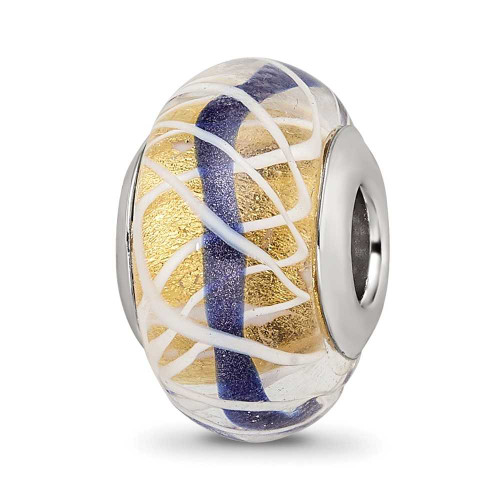 Image of Sterling Silver Reflections White Woven w/ Blue Stripe Glass Bead