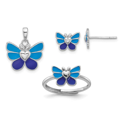 Image of Sterling Silver Rhodium Butterfly Childrens Earrings, Ring & Pendant Set