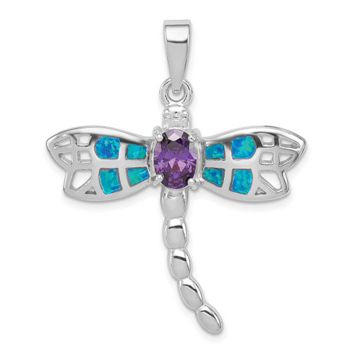 Image of Sterling Silver Rhodium Plated Lab-Created Opal Inlay Dragonfly Amethyst Pendant