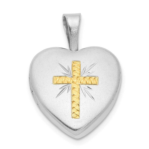 Image of Sterling Silver Rhodium-plated & Gold Tone Shiny-Cut Cross Heart Locket Pendant