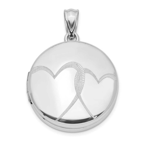 Image of Sterling Silver Rhodium-plated 20mm Polished Hearts Round Locket Pendant