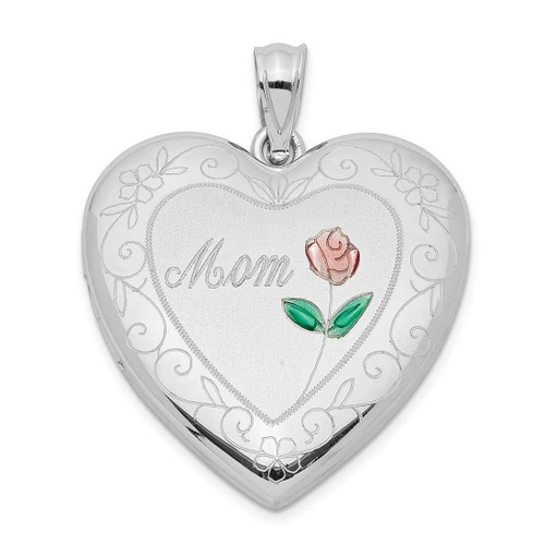 Image of Sterling Silver Rhodium-plated 24mm Enamel, Shiny-Cut Mom Heart Locket Pendant