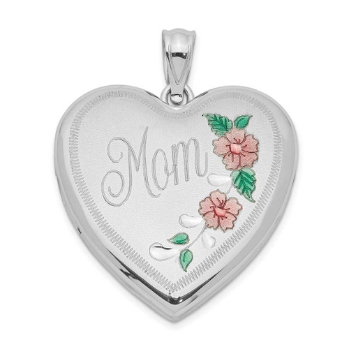 Image of Sterling Silver Rhodium-plated 24mm Enameled Floral Mom Heart Locket Pendant