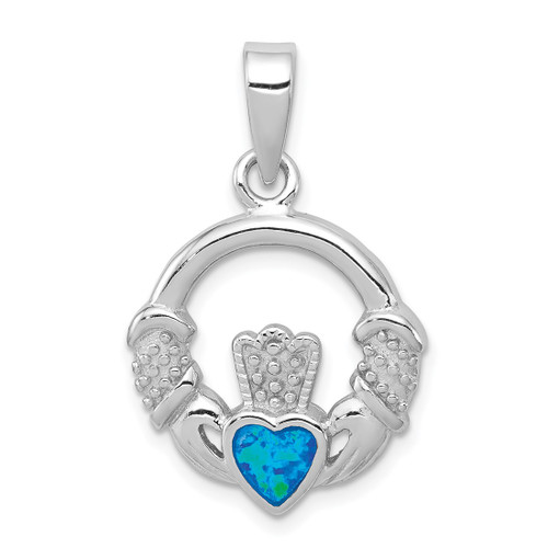 Sterling Silver Rhodium-Plated Blue Inlay Lab-Created Opal Claddagh Pendant
