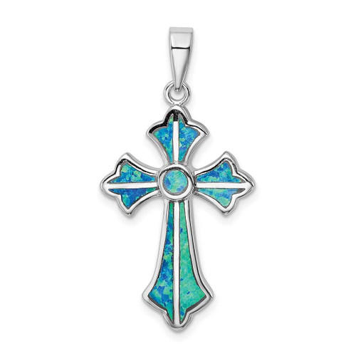 Image of Sterling Silver Rhodium-Plated Blue Inlay Lab-Created Opal Cross Pendant