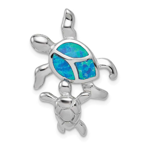 Image of Sterling Silver Rhodium-Plated Blue Inlay Lab-Created Opal Turtle Pendant QC7682