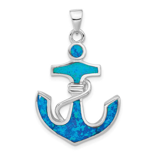 Image of Sterling Silver Rhodium-Plated Blue Lab-Created Opal & CZ Anchor Pendant