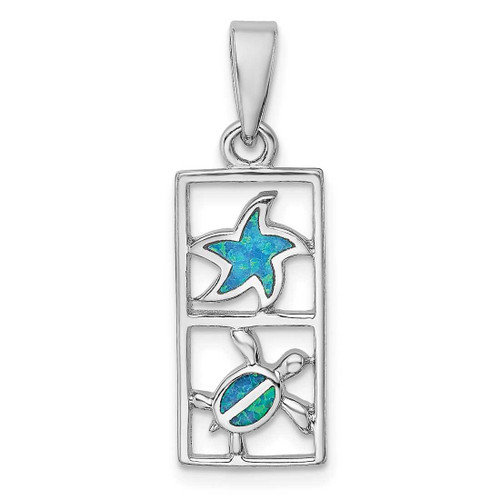 Image of Sterling Silver Rhodium-Plated Blue Lab-Created Opal Starfish Turtle Pendant