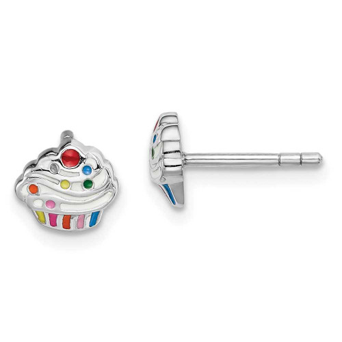 Image of Sterling Silver Rhodium-Plated Childs Enameled Cupcake Post Earrings