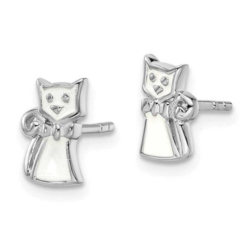 Image of Sterling Silver Rhodium-Plated Childs Enameled White Cat Post Earrings