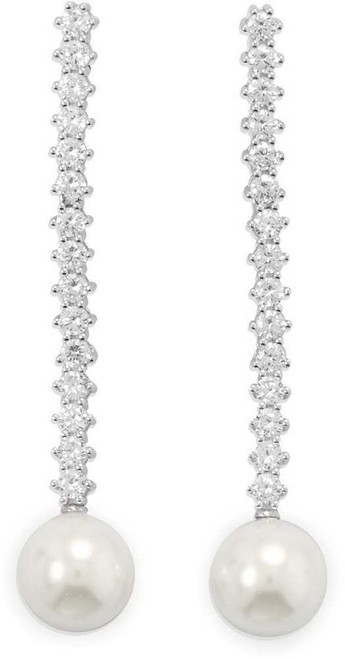 Image of Sterling Silver Rhodium-plated CZ and Simulated Pearl Drop Earrings