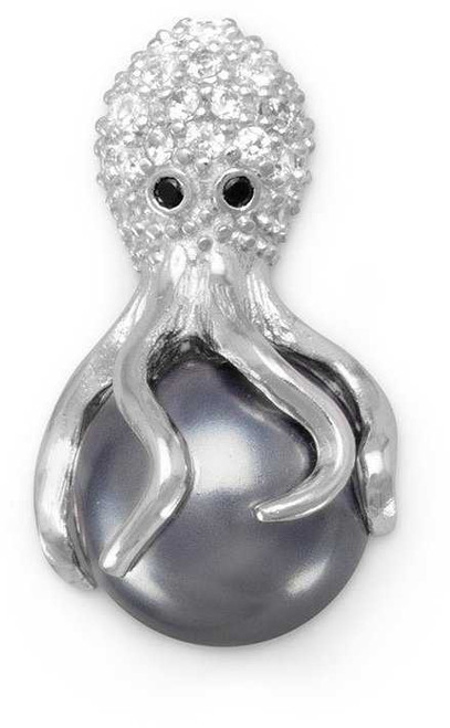 Image of Sterling Silver Rhodium-plated CZ and Simulated Pearl Octopus Slide Pendant