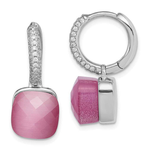 Image of Sterling Silver Rhodium-Plated CZ Lab-Created Pink Cats Eye Hinged Hoop Earrings