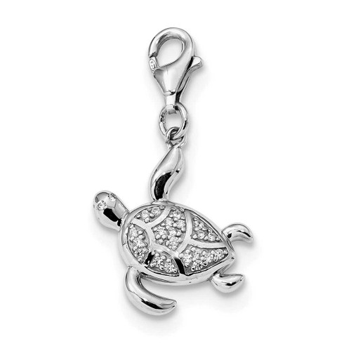 Image of Sterling Silver Rhodium-Plated CZ Sea Turtle with Lobster Clasp Charm