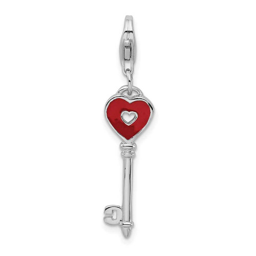 Image of Sterling Silver Rhodium-plated Enameled Heart Key w/ Lobster Clasp Charm