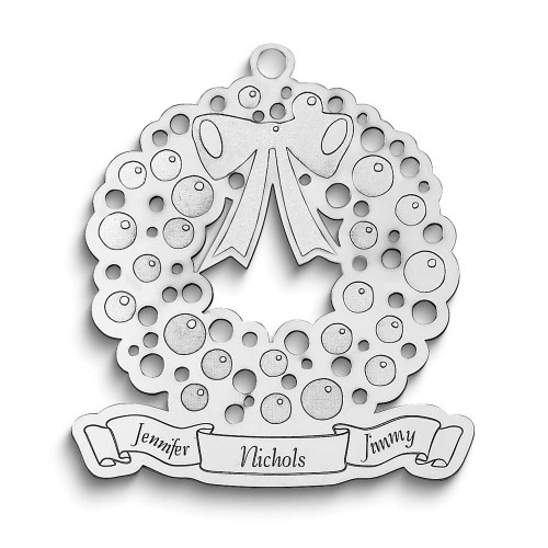 Image of Sterling Silver Rhodium-plated Engraveable Christmas Wreath Ornament