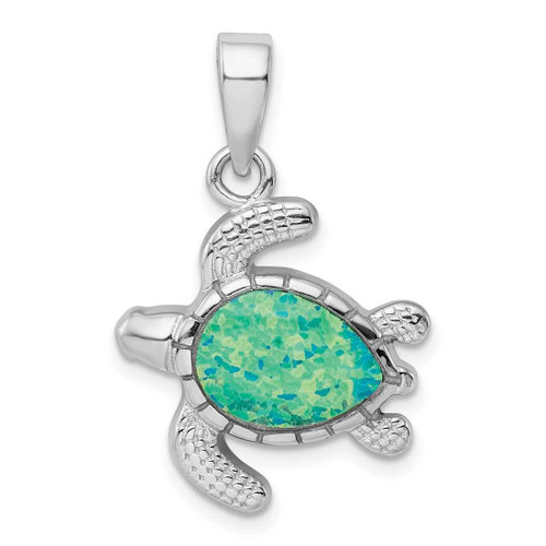 Image of Sterling Silver Rhodium-Plated Green Inlay Lab-Created Opal Turtle Pendant