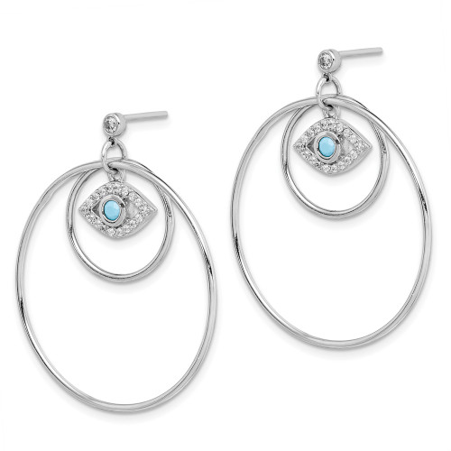Sterling Silver Rhodium-Plated Hoop w/ CZ & Blue Synthetic Crystal Eye Earrings