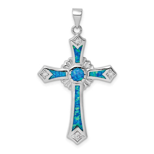 Image of Sterling Silver Rhodium-plated Lab-Created Blue Opal / CZ Cross Pendant