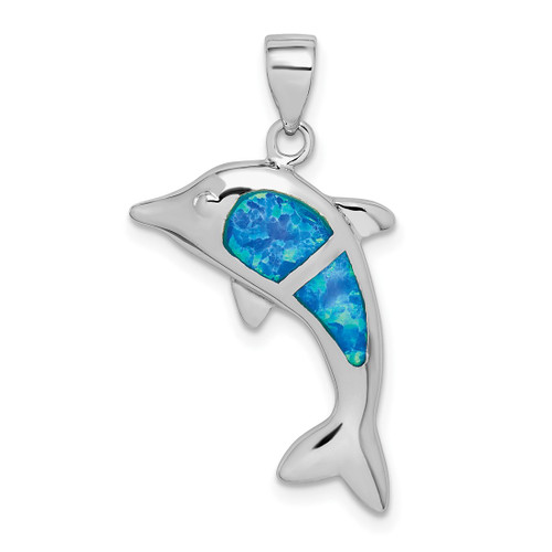 Sterling Silver Rhodium-plated Lab-Created Blue Opal Dolphin Pendant